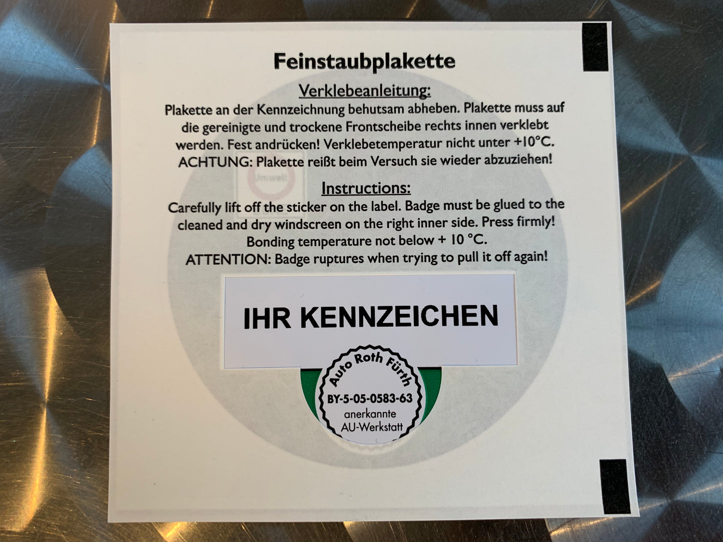 Umweltplakette / Feinstaubplakette - Grün